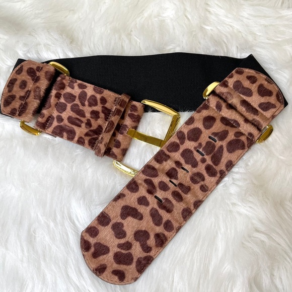 Accessories - Leopard Print Belt Faux Calf Hair Gold S M